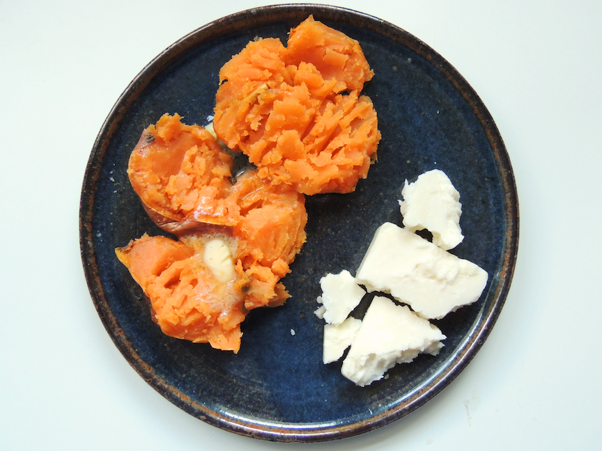 Mashed sweet potatoes with grass-fed butter and raw cheddar 