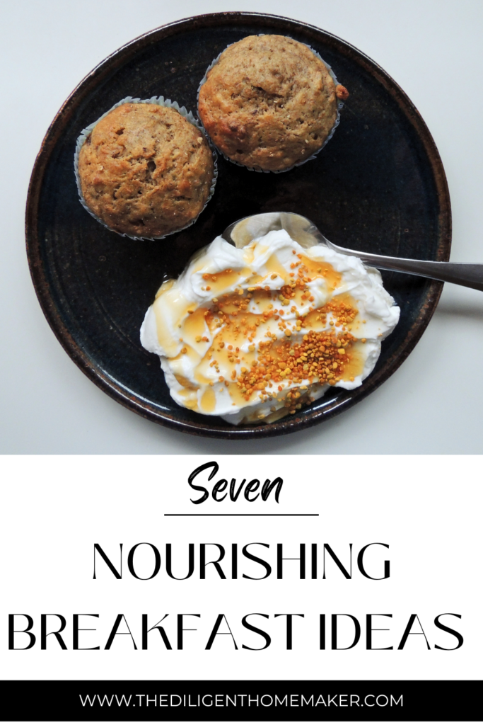 two banana muffins with skyr, raw honey, and bee pollen. Text below says seven nourishing breakfast ideas
